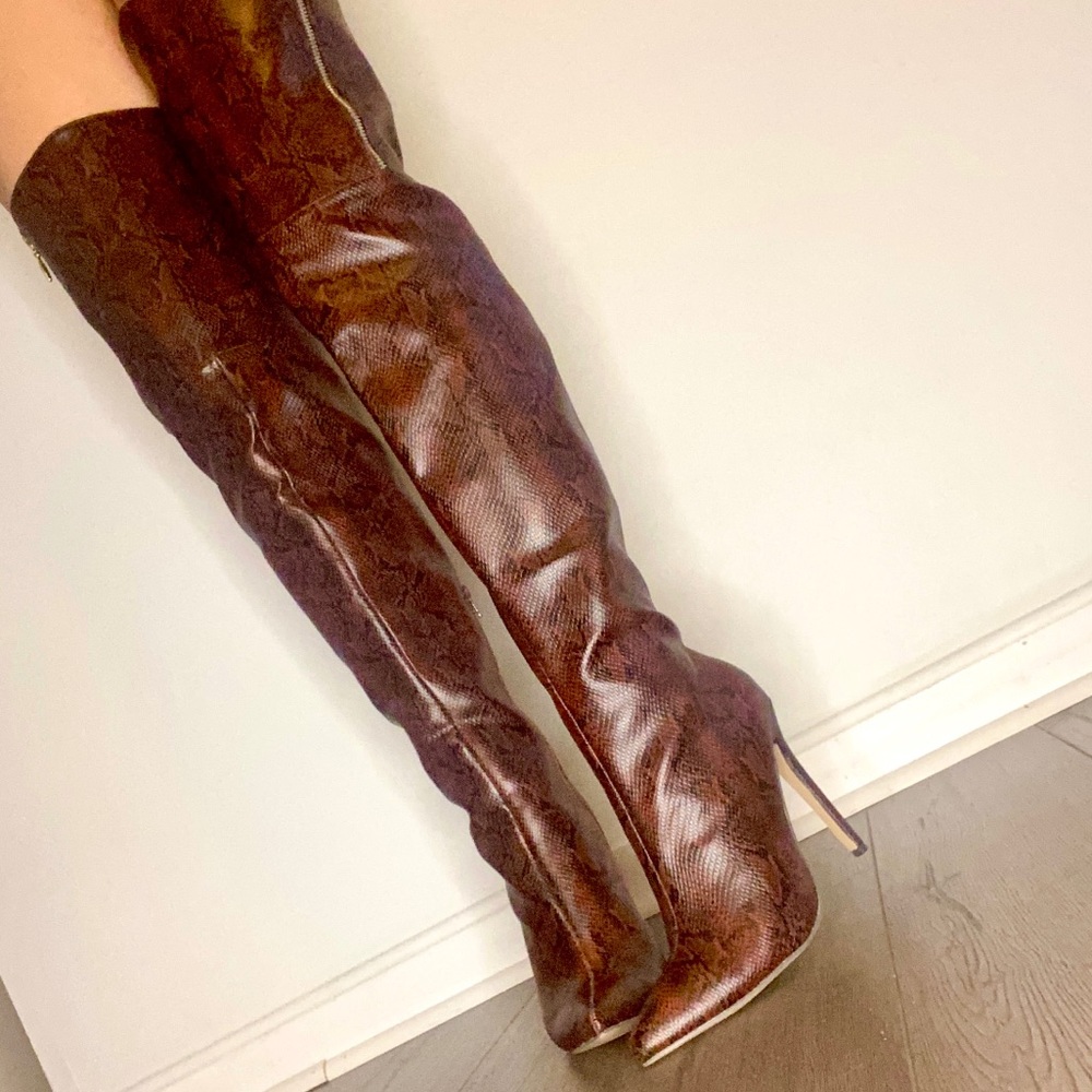 Brown snake heeled thigh boots